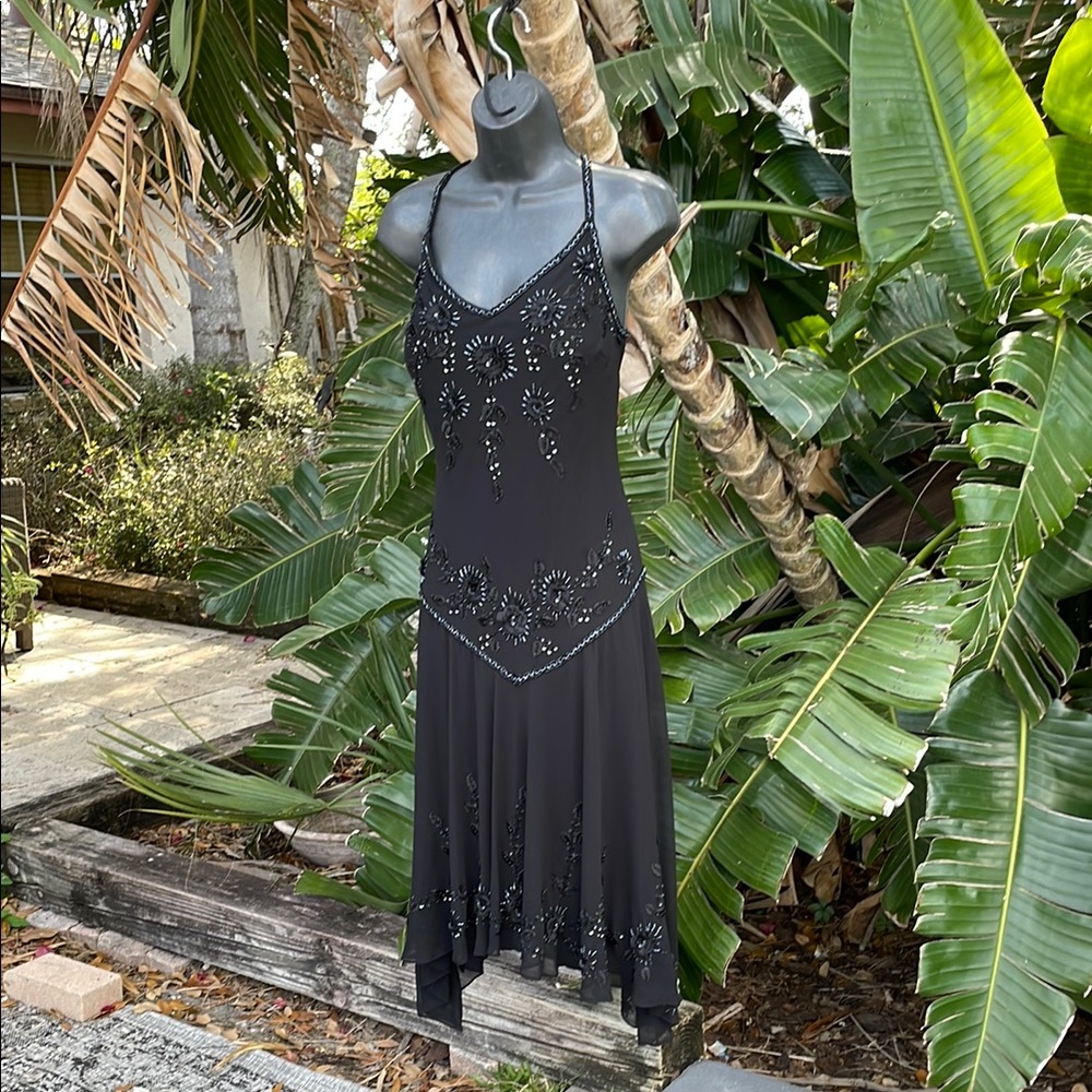 Beaded floral drop waist handkerchief hem slip dress